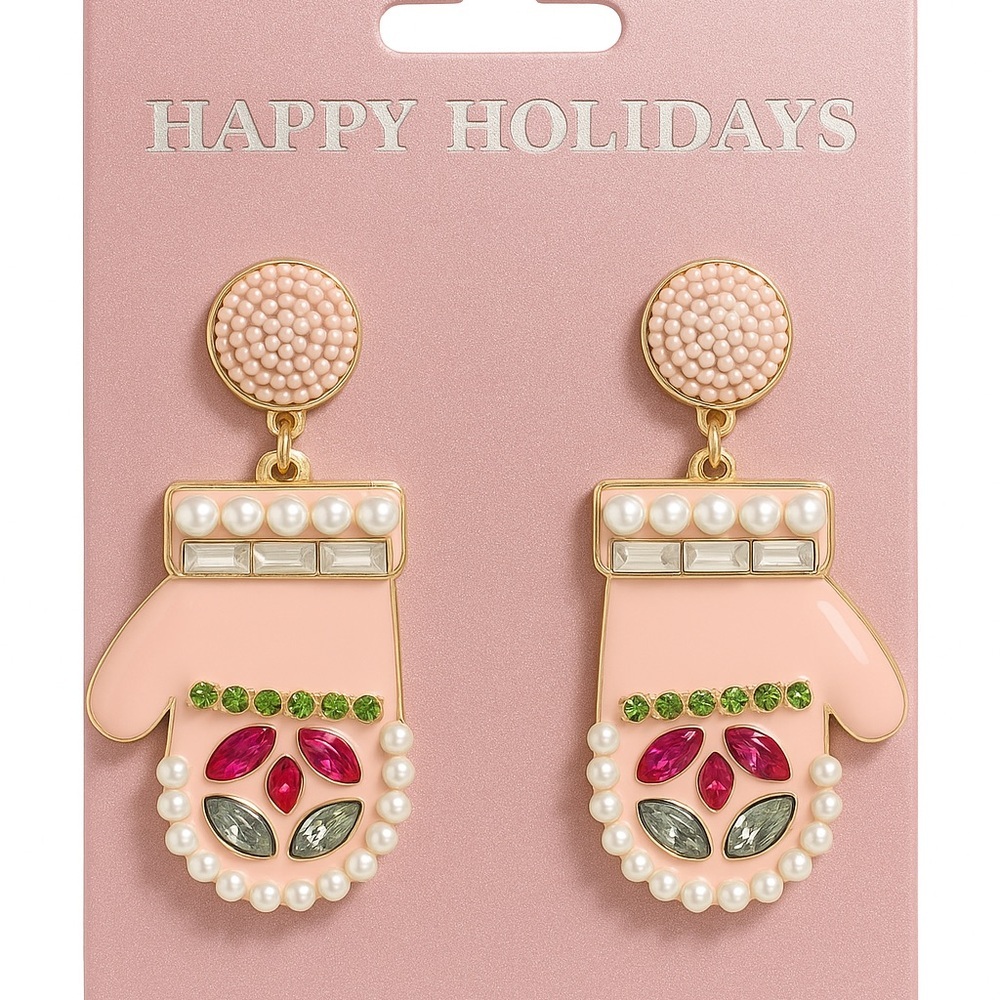 Holiday Mitten Dangle Earrings Pearl Crystal Rhinestone Christmas NWT